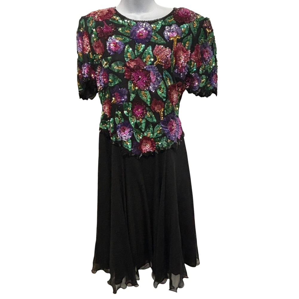 Laurence Kazar Vintage 90s Silk Floral Sequin Beaded Cocktail Dress Black XL‎